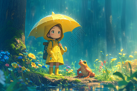 养蛙红蛙与女孩的雨中旅程插画