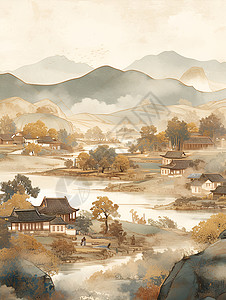 古色古香的山水田园背景图片