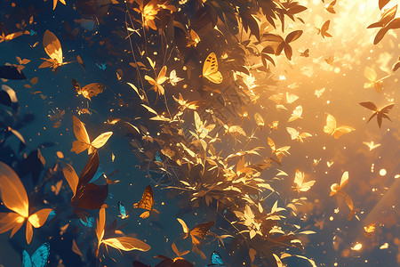 树叶飞舞光效夜幕中飞舞的蝴蝶插画