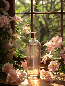 透明瓶子素材窗边的瓶子和花朵背景