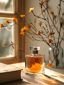 透明香水瓶香水和花朵背景