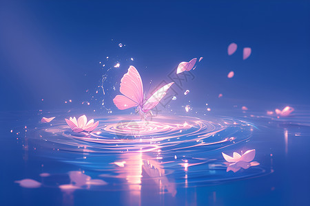 湖面背景粉色蝴蝶起舞插画