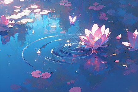池塘水面蝴蝶飞舞在水面插画