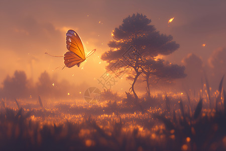 晨光森林晨光下的飞舞的蝴蝶插画