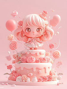 松软蛋糕粉色蛋糕上的小女孩插画