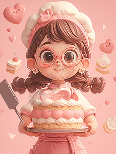 松软蛋糕小女孩与粉色蛋糕插画