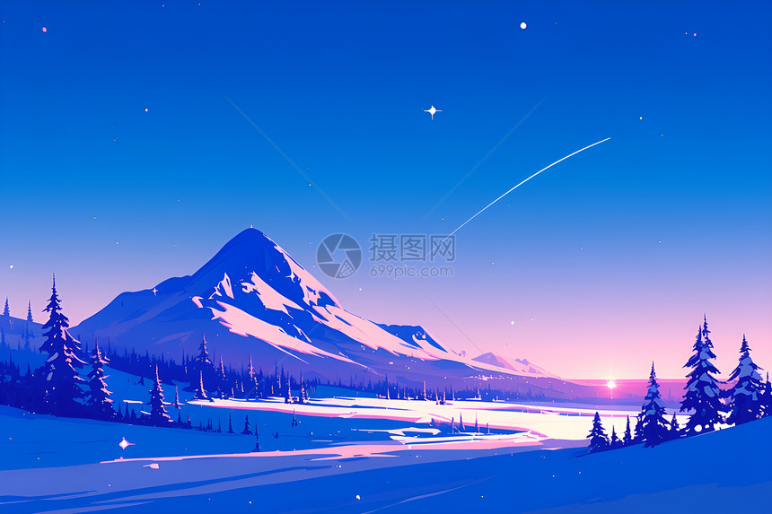 夜晚的雪山风景图片