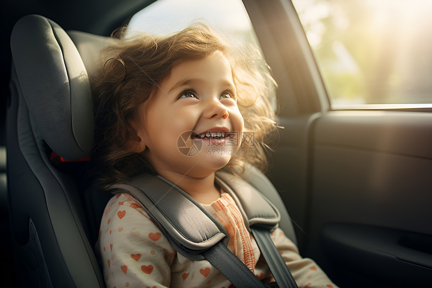 小女孩坐在儿童车座上微笑图片