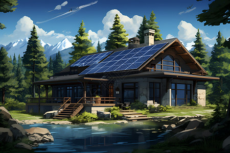 光伏建筑森林房屋上的太阳能电池板插画