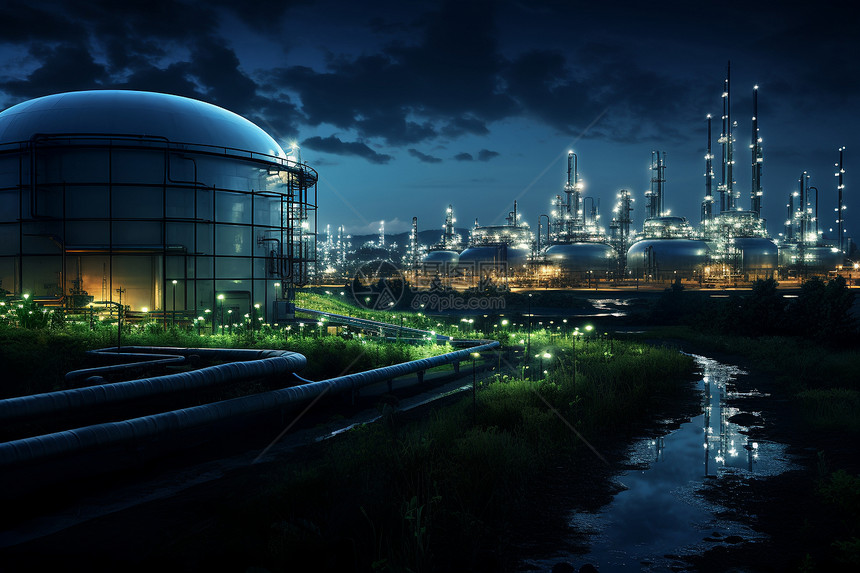 夜晚的生物质发电厂图片