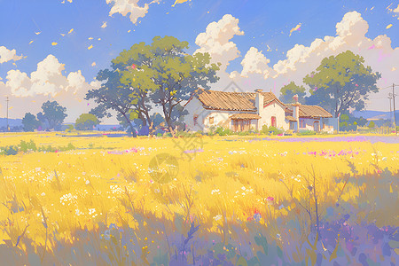 美丽的房子阳光中一幅乡村风景插画