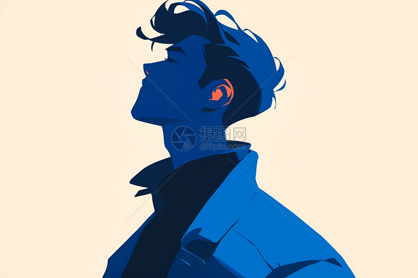 蓝衬衫男子的简约线条艺术图片