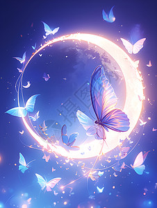 金色月亮月光下飞舞的蝴蝶插画