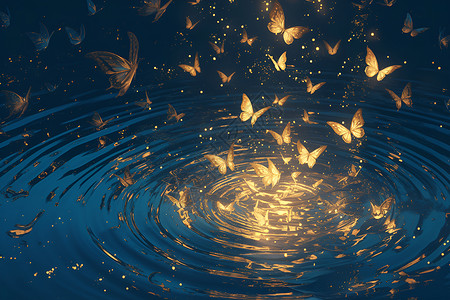 夜晚水面飞舞的蝴蝶背景图片