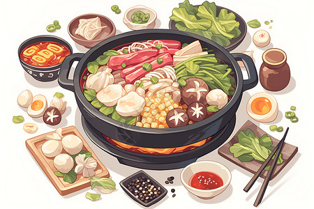 火锅食材黄瓜片设计的火锅盛宴插画