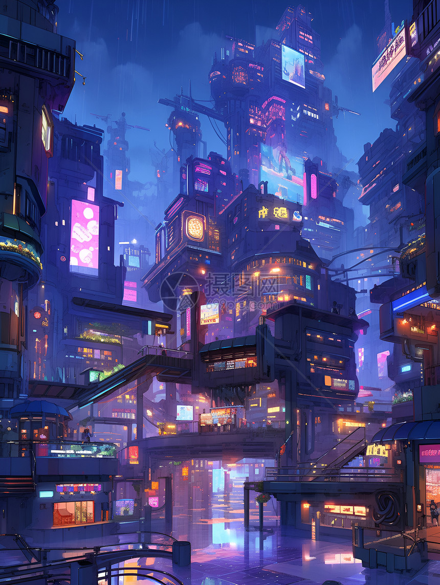 霓虹灯下的未来城市图片