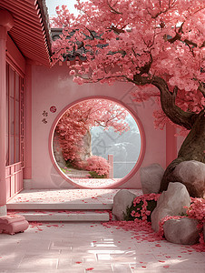 泡桐花树古典的建筑物设计图片