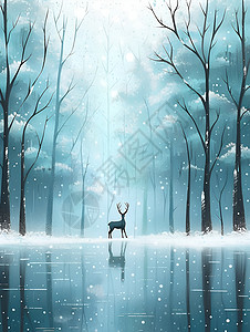 林中湖边的鹿插画