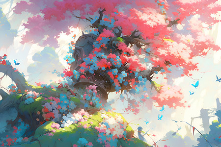 梦幻的花树插图背景图片