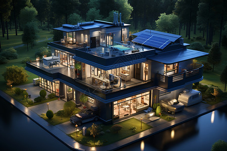 太阳能房屋别墅上的新能源电池板插画