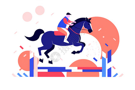 运动障碍骑手操纵马匹跨越障碍插画