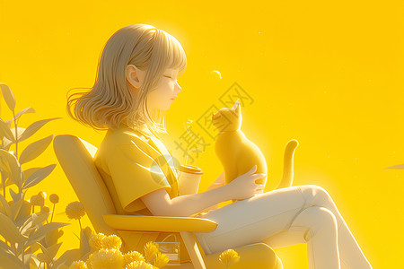 女孩坐在凳子上坐在凳子上的女孩抱着猫咪插画