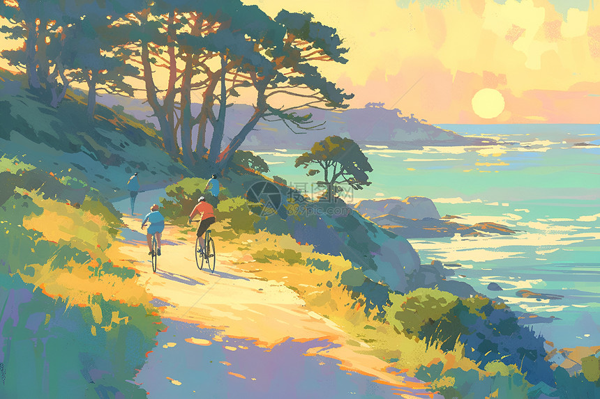 海岸步道上两个人骑着自行车图片
