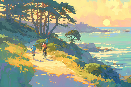 海岸步道上两个人骑着自行车高清图片