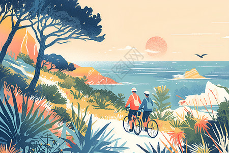 自行车车道海边车道上骑行的人插画