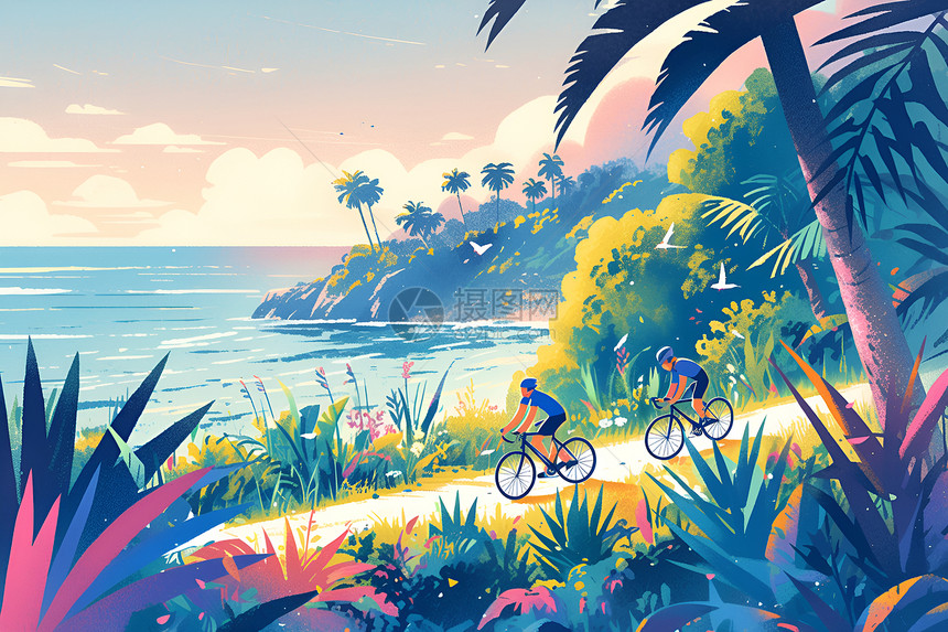 海边骑着自行车的骑行者图片