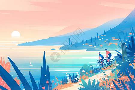 夕阳下两名骑自行车的人背景图片