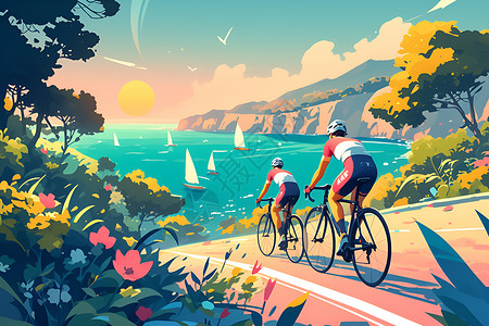 自行车夕阳海边公路上骑行的人插画