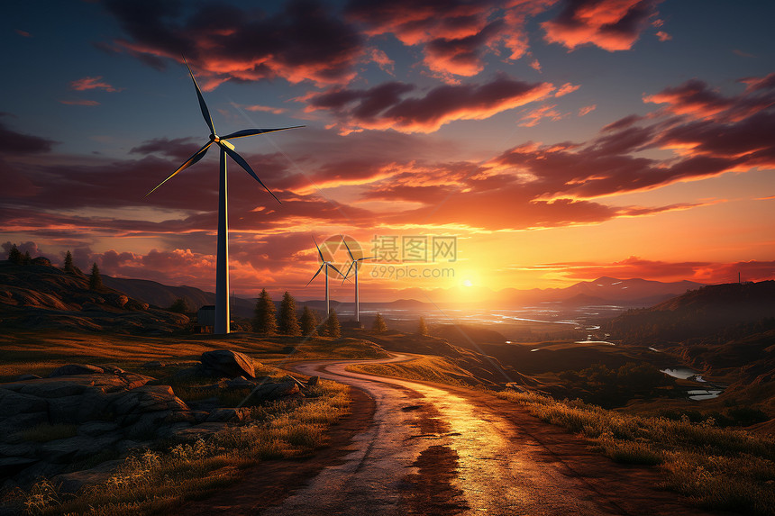 夕阳下的风力发电机图片