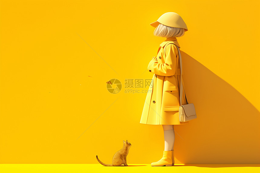 黄衣女子与黄猫图片