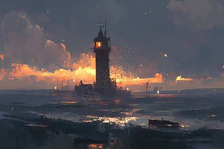 河岸夜晚夜海中的灯塔插画
