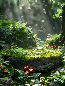 炸裂石头绿色森林中的苔藓背景