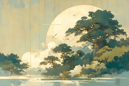 优雅风格湖泊中的神秘月光插画