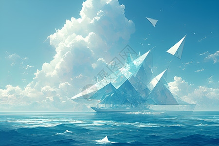 白云素材透明海洋上的立体图形插画