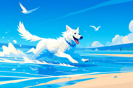 欢腾的小狗在海滩上追逐海鸥插画