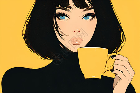品味女人优雅女士品味咖啡时刻插画