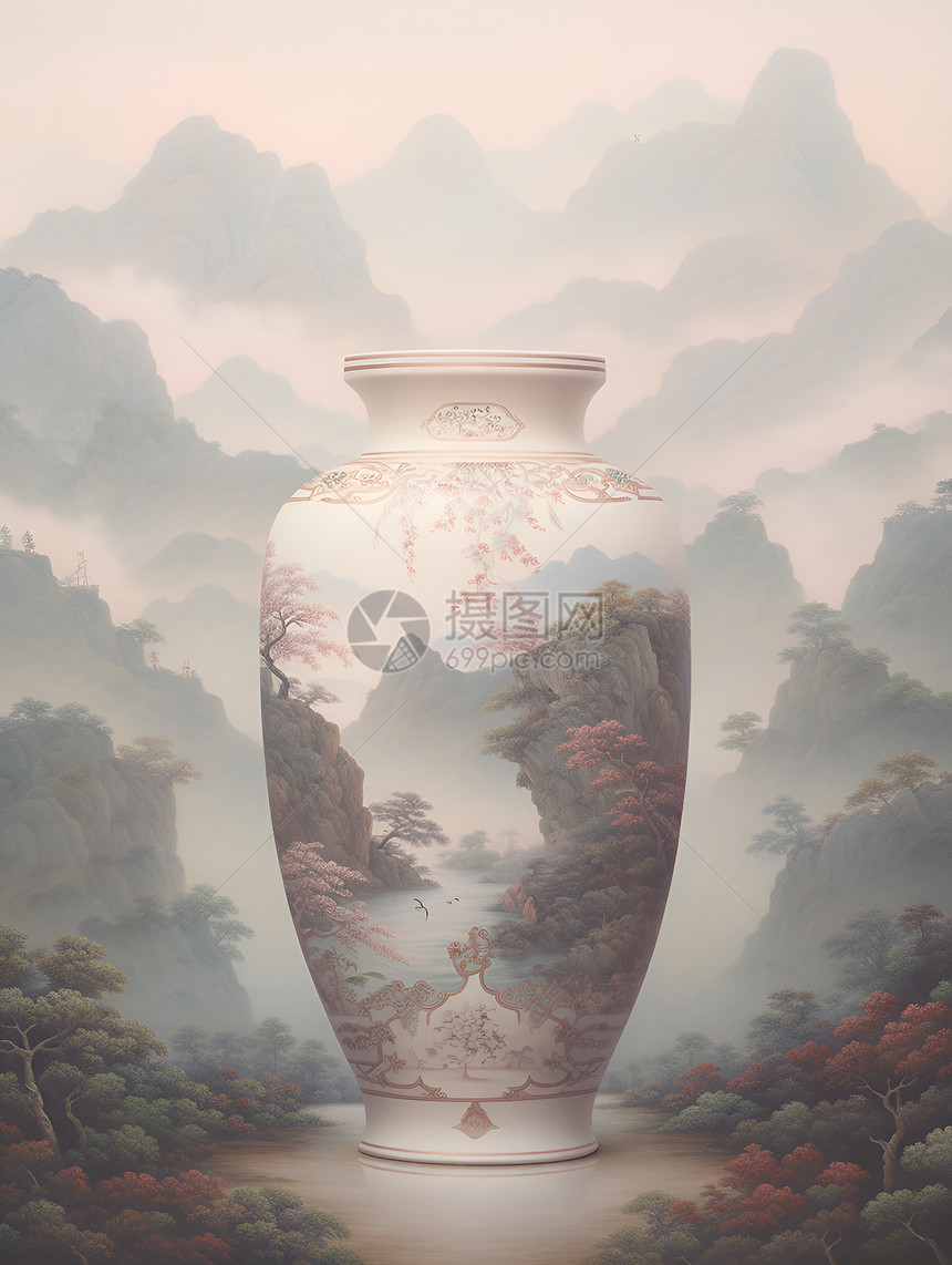 花瓶上的山水画图片