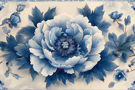 蓝牡丹蓝白花饰的牡丹插画
