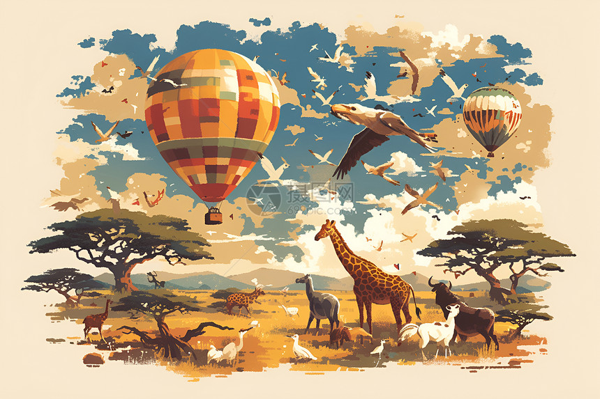 野生动物与热气球图片