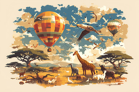 热气球装饰素材野生动物与热气球插画