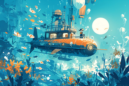 小潜艇热气球潜水艇插画
