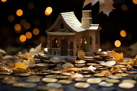 金币点缀下的房屋模型背景图片