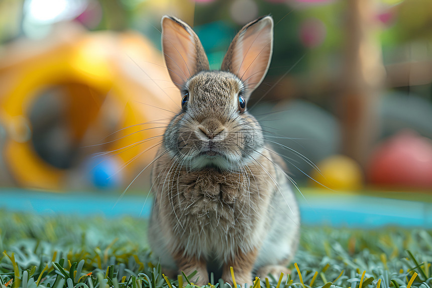 蹲在草坪上的兔子图片