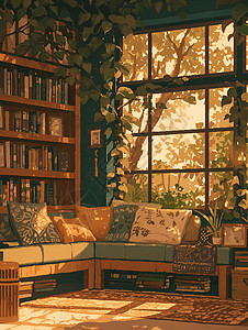 阳光照射在书房的沙发上背景图片