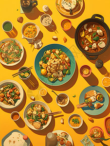 中餐食材桌子上的美食摆拍插画
