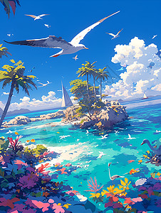 海岛上晴朗的天空热带海岛上的人间仙境插画